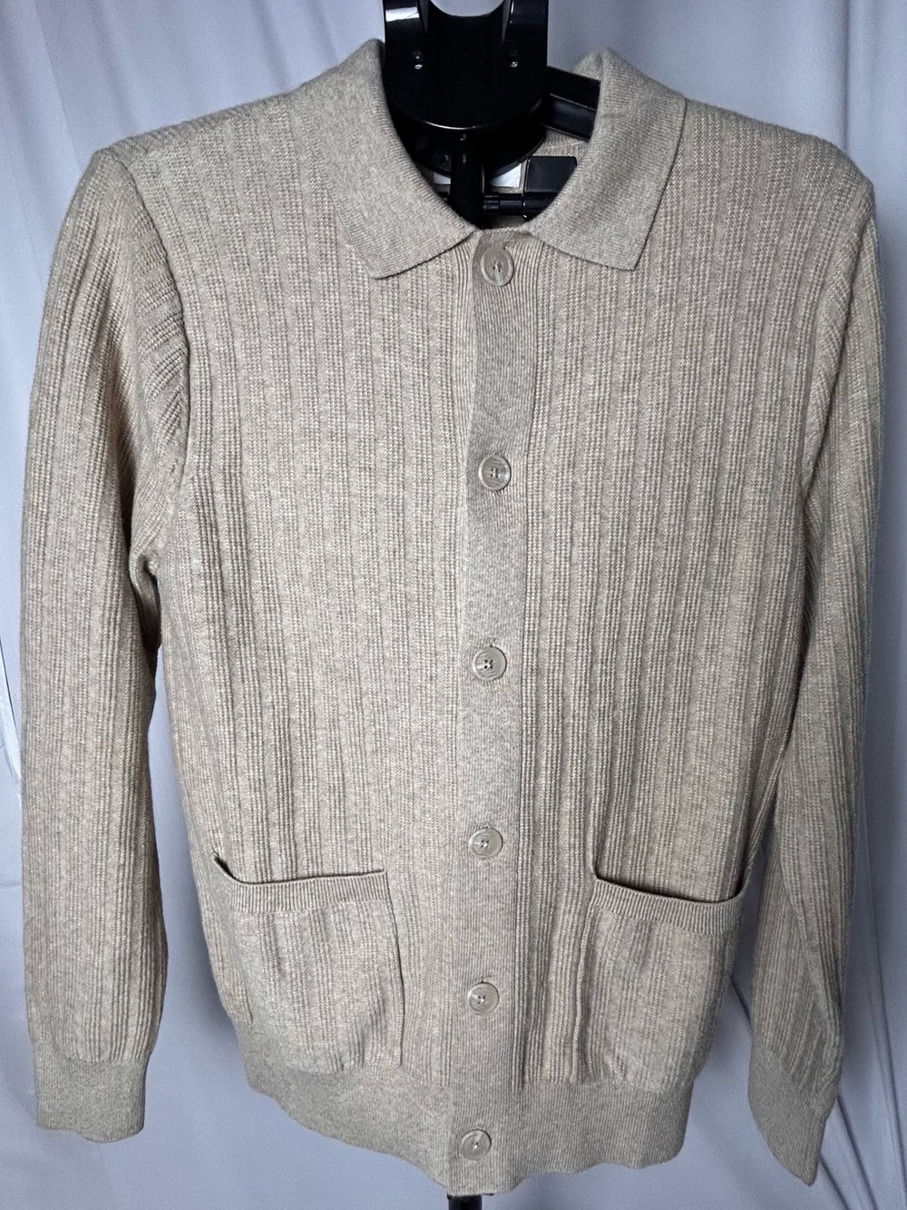 Men's Ribbed Button-Front Cardigan in Light Beige